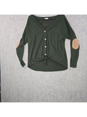 BiBi Womens Button-Front Olive Green Tie-Hem Long Sleeve Top W/Tan Elbow Patch S